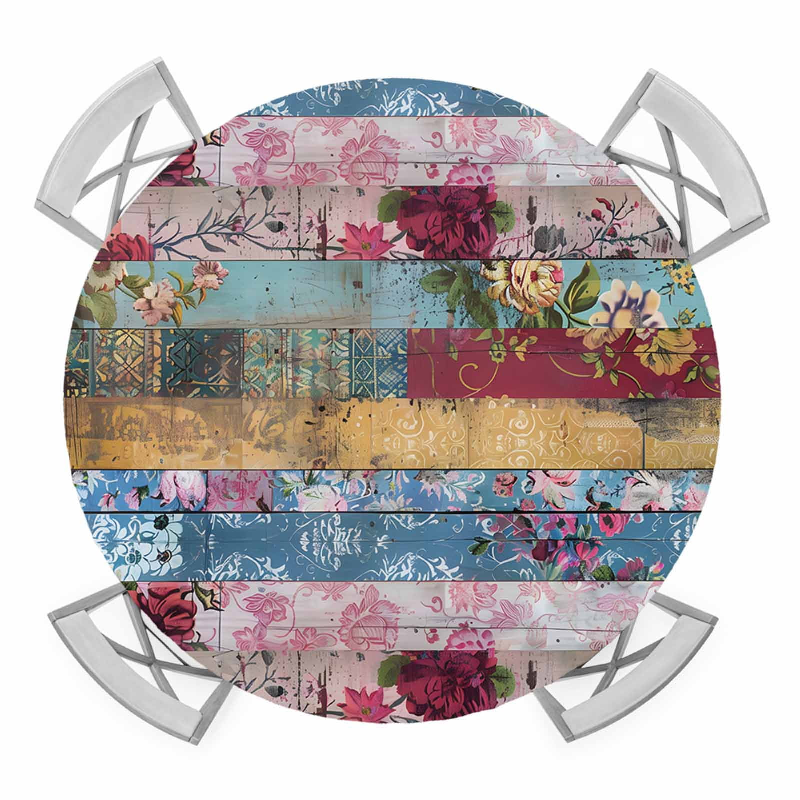 Floral Texture Elastic Fitted Round Table Cover Rustic Retro Wood Grain ...