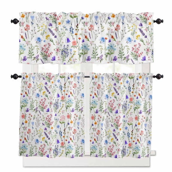 Floral Texture Kitchen Curtains Valances and Tiers Set of 3, 24 Inch Length Tier Curtains and Valance Rod Pocket Valance Curtains Set for Kitchen Bathroom Small Windows
