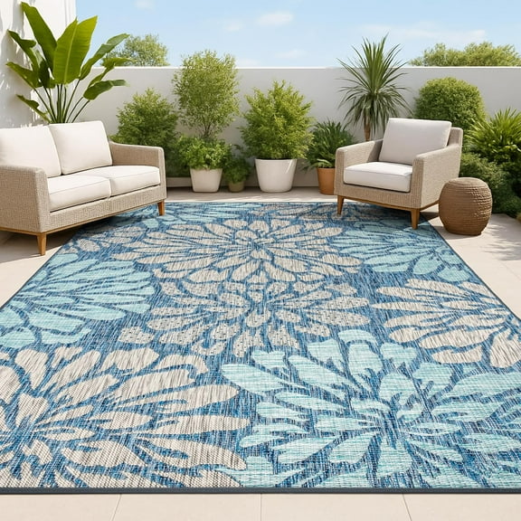 Floral Textured Weave Indoor Outdoor Area Rug 8X10 Navy/Aqua, Zinnia Modern for Backyard, Patio, Porch, Easy-Cleaning, High Traffic, Pet-Friendly, Non-Shedding (SMB110C-8)