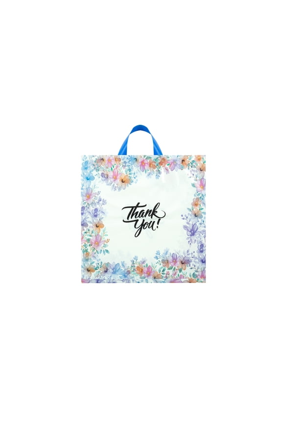 Floral Thank You Bag with Loop Handle - Thick Plastic Boutique Bag for Female 50 by Infinite Pack