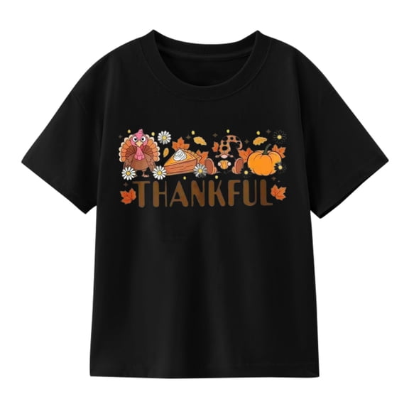 Floral Thankful Thanksgiving T-Shirt for Kids, 100% Cotton