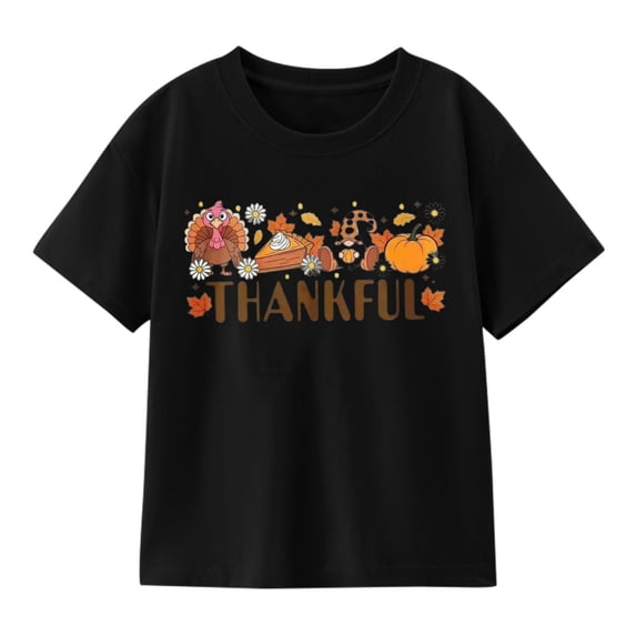 Floral Thankful Thanksgiving T-Shirt for Kids, 100% Cotton