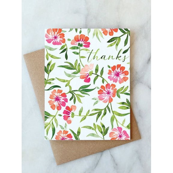 Floral "Thanks" Greeting Card – Watercolor Design with Envelope – Perfect for Thank You Notes, Appreciation Gifts, and Special Occasions