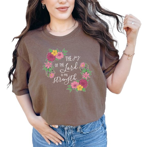 Floral The Joy of the Lord Is My Strength Graphic T Shirt, Cute Flower Shirt, Spring Summer Shirt, Garden Lover Gift, Women's Flower Tee, Espresso Comfort Colors T-Shirt, Small