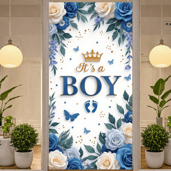 Floral Theme Baby Shower Banner Blue Flowers It's a Boy Crown Butterfly Welcome Decoration for Newborn Celebrations
