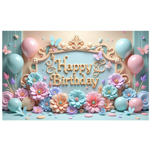 Floral Theme Birthday Banner Pastel Colors Balloon Decoration Happy Birthday Design for Kids Party Indoor Celebration
