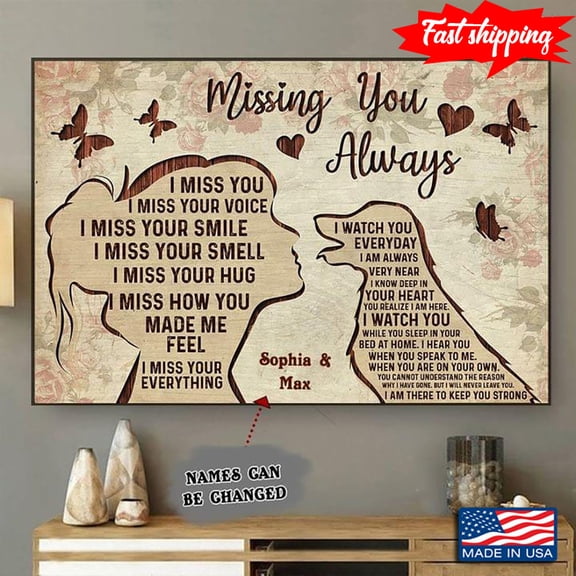 Floral Theme Customized Name Girl & Golden Retriever Dog Typography & Butterflies Missing You Always I Miss You I Miss Your Voice 16 x 24 Inch Poster