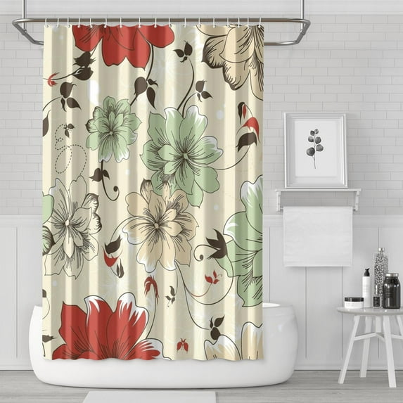 Floral Theme Polyester Shower Curtain for Bathroom with Hooks and Weighted Hem, Waterproof Bath Decor Sets Hotel Style - Machine Washable,72x72in