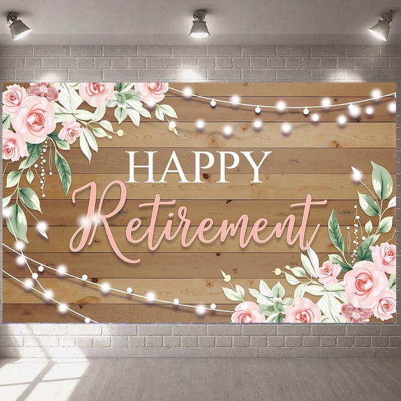 Floral Theme Retirement Banner Pink Happy Retirement Banner String Lights Wood Background Party Banner for Retirement Party Office Celebration Photo Shoot