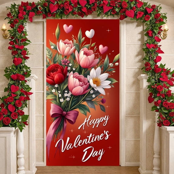 Floral Theme Welcome Banner Pink Party Backdrop Red Plaid Heart Rose Decoration Love Backdrop for Wedding Reception Party Entrance Romantic Gathering