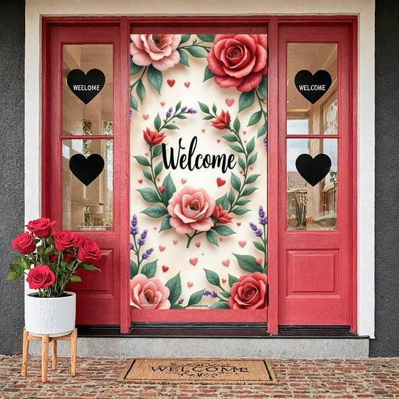 Floral Theme Welcome Banner Rose Pattern Welcome Backdrop Heart Design Lavender Accent Garden Background for Home Entrance Wedding Reception Garden Party