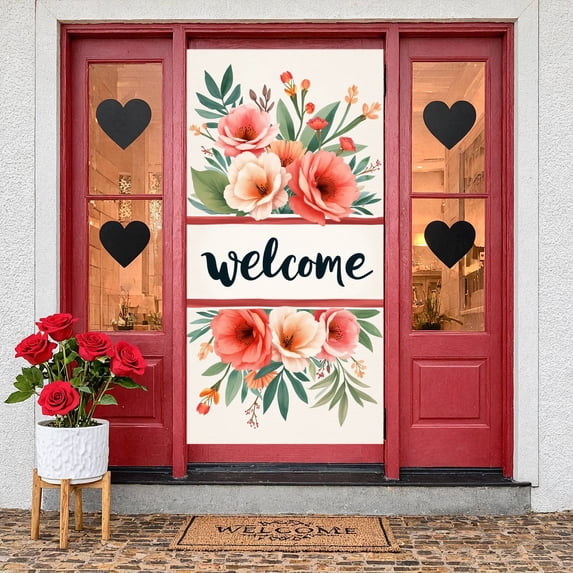 Floral Theme Welcome Banner Watercolor Design Party Display Pink Orange Green Leaves Event Backdrop for Welcome Party Wedding Reception Family Gathering