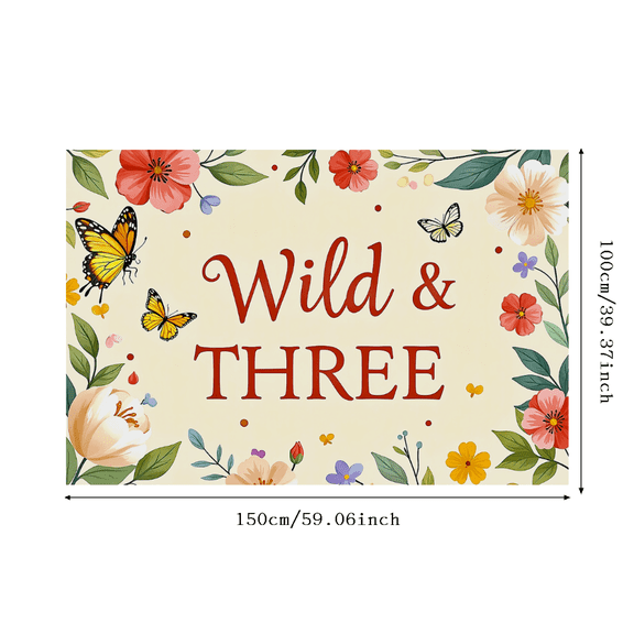 Floral Themed Backdrop Banner with Butterflies Wild Three Text Party Decorations for Photo Booth Baby Shower Bridal Shower Celebrations