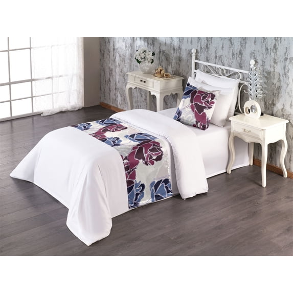 Floral Themed Bed Runner Set, Grunge Design Rose Flowers Vintage with Geometric Hues Pattern, Decorative Bedding Scarf & a Pillow Sham for Hotels Homes, Twin, Pale Maroon Lavender Blue, by Ambesonne