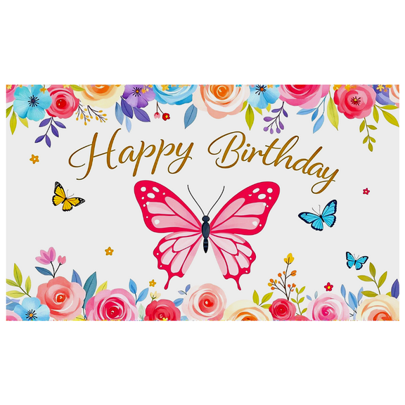 Floral Themed Happy Birthday Banner with Butterflies Background Party Supplies Photography Props Birthday Decoration Backdrop Decorations