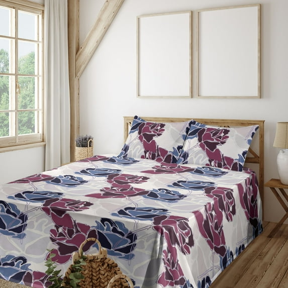 Ambesonne Floral Themed Fitted & Flat Sheet with Shams 4 Pcs Set, Grunge Rose with Hues, Full, Pale Maroon Lavender Blue