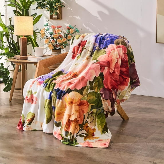 Floral Throw Blanket Birthday Gift for Women Mom Girls Paintings Flowers Blanket Summer Wildflower Flannel Blanket Watercolor Printed Throw for Couch Sofa Bed Chair 60"x80"