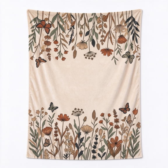 Floral Throw Blanket, Botanical Flower Pattern, Watercolor Butterfly, Flannel Fleece Throw Blanket, Cozy Blanket for Bed, Chair, Couch, Home Decor 50x40