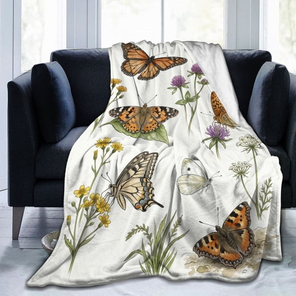 Floral Throw Blanket, Botanical Flower Pattern, Watercolor Butterfly, Flannel Fleece Throw Blanket, Cozy Blanket for Bed, Chair, Couch, Home Decor 50x40