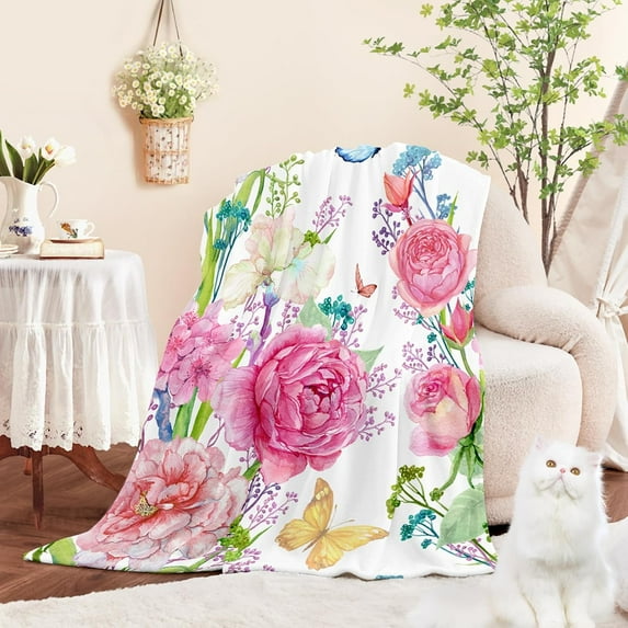 Floral Throw Blanket for Girls Women Pink Butterfly Soft Fuzzy Flannel Bed Blanket for Adults Plush Watercolor Flowers Christmas Birthday Gifts,50x60\u201d