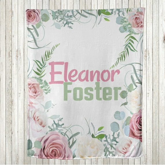 Floral Throw Blanket, Pastel Colored Soft Roses and Leaf Branches Blooming Garden Nature, Flannel Fleece Accent with Custom Name Photo Backdrop, 60" x 50", Reseda Green and Pale Pink, by Ambesonne