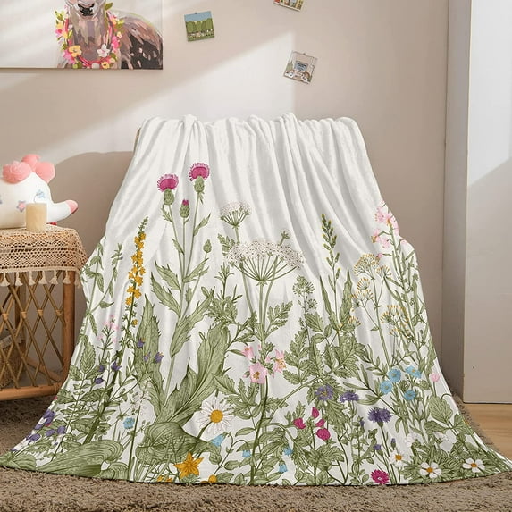 Floral Throw Blanket Vintage Herbs Blanket Colorful Wild Flowers Printed Flannel Fleece Blanket Soft Lightweight Plush Blanket for Bed Sofa Chair Office (Throw(50"x60"), Floral)