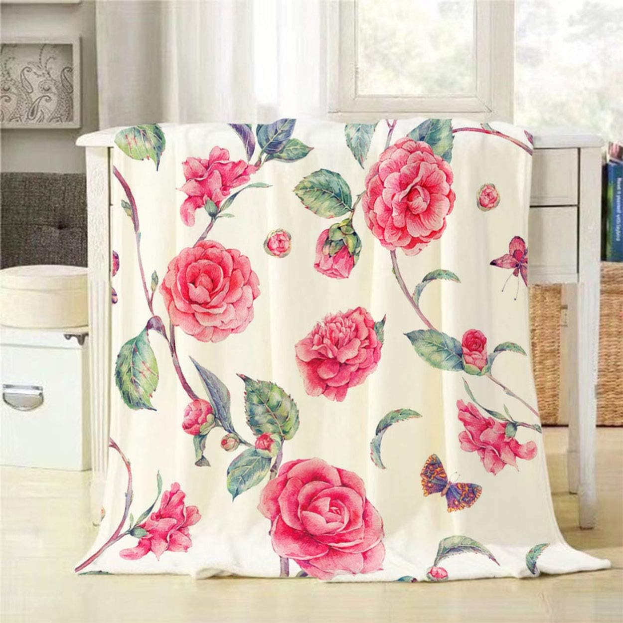 Floral Throw Blanket Vintage Watercolor Pink Flowers Camellia and