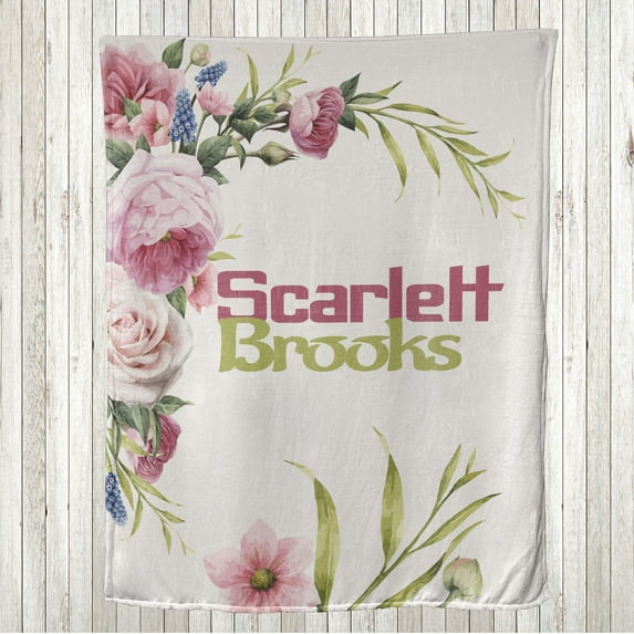 Floral Throw Blanket, Watercolor Roses Summer Flowers Soft Palette Painting Pastel Tones, Flannel Fleece Accent with Custom Name Photo Backdrop, 60" x 40", Sage Green Pink and Ivory, by Ambesonne