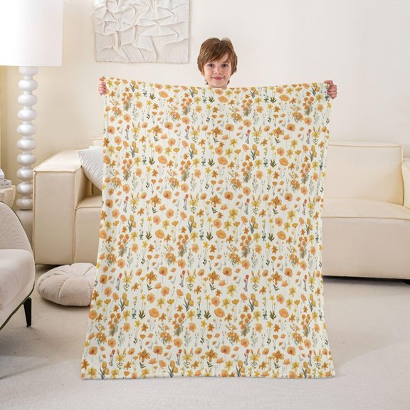 Floral Throw Blanket for Couch Sofa Bed Yellow Orange Wildflowers Soft Fuzzy Fleece Blanket Warm Lightweight Bed Blanket