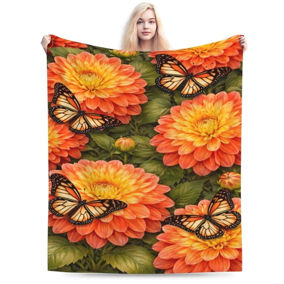 Floral Throw Blanket with Butterfly Design, Orange Dahlia Flower Pattern, Soft Decorative Blanket for Couch Sofa Bed Home Decor 80x60
