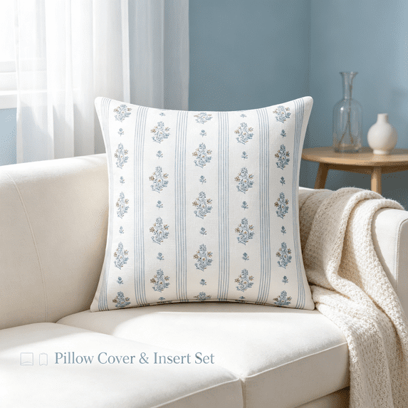Floral Throw Pillow 18x18, Boho Blue Striped Throw Pillow Set with Pillowcase & Insert, Vintage Decorative Pillow Covers with Soft Core, Cozy Accent Cushions for Couch Sofa Home Indoor Decor