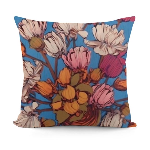 Floral Throw Pillow Cover Funk Art Style Onion Flowers Pattern in Pastel Tones Modern Boho Print Art, Decorative Square Covers for Couch Bed & Sofa, Blue and Brown