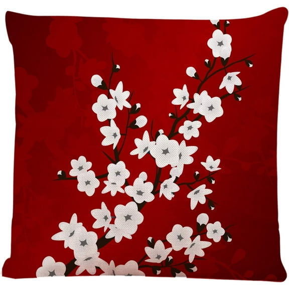 Floral Throw Pillow Cover Red Black and White Cherry Blossoms Square Decorative Throw Pillow Cushion Case for Home Couch Living Room Bed Sofa Car 18 x 18 Inches Pillowcase