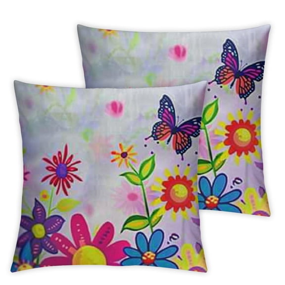 Floral Throw Pillow Cover Summer Season Sun Butterflies Dragonfly Flowers Happiness Spring Theme Decorative Pillow Case Home Decor Square Inches Pillowcase