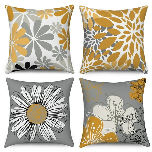 Floral Throw Pillow Cover for Home Decor Yellow Gray Dahlia Linen Decorative Pillowcase 18x18,Set of 4
