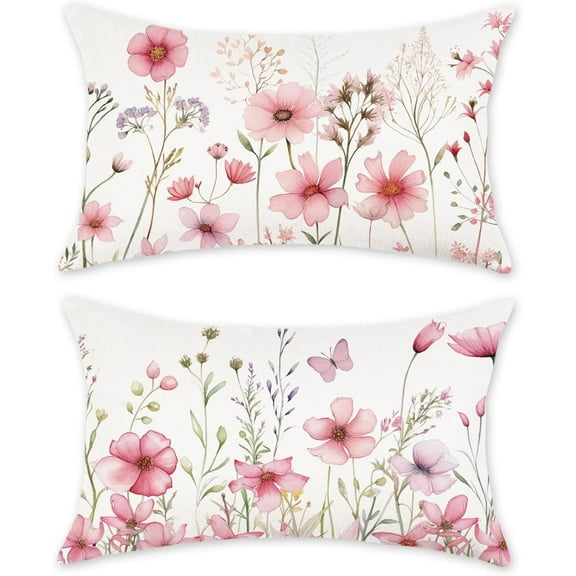 Floral Throw Pillow Covers 12x20 Set of 2 Spring Summer Outdoor Decor Lumbar Pillow Cases for Home Couch Decorations Pink