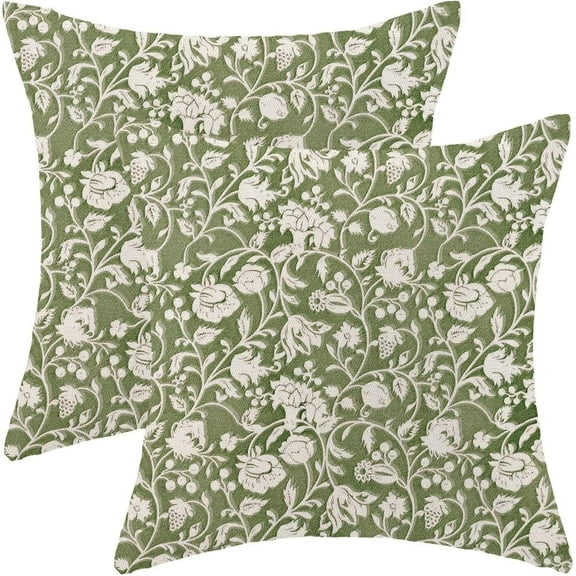 Floral Throw Pillow Covers 16x16 Set of 2, Flower Print Linen Decorative Pillow Cover Neutral Vintage Decoration Outdoor Cushion Cover Sage Green Floral Pillowcase for Sofa Couch Farmhouse Room