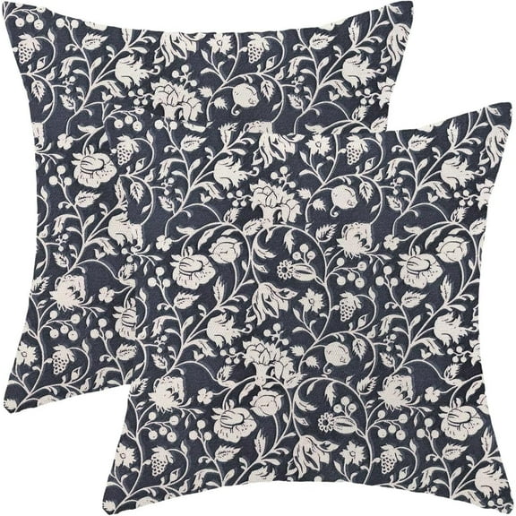 Floral Throw Pillow Covers 16x16 Set of 2, Flower Print Linen Decorative Pillow Covers Neutral Vintage Decoration Outdoor Cushion Cover Navy Blue Floral Pillowcase for Sofa Couch Farmhouse