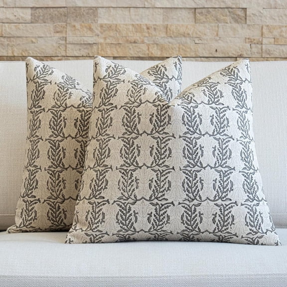Floral Throw Pillow Covers 18x18 Set of 2 Block Print Cushion Covers Farmhouse Neutral Accent Decorative Pillow Covers Home Decor for Sofa Couch Living Room Bedroom, Light Taupe