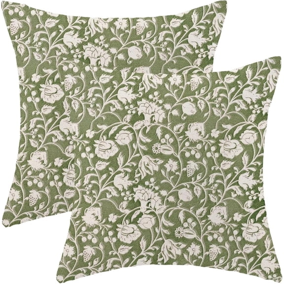 Floral Throw Pillow Covers 20x20 Set of 2, Flower Print Linen Decorative Pillow Cover Neutral Vintage Decoration Outdoor Cushion Cover Sage Green Floral Pillowcase for Sofa Couch Farmhouse Room