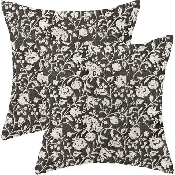 Floral Throw Pillow Covers 20x20 Set of 2, Flower Print Linen Decorative Pillow Covers Neutral Vintage Decoration Outdoor Cushion Cover Black Floral Pillowcase for Sofa Couch Farmhouse Room