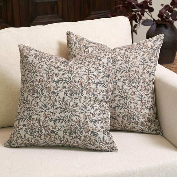 Floral Throw Pillow Covers 20x20 Set of 2 Vintage Block Print Pillow Covers Decorative Pillow Covers Couch Pillows for Room Farmhouse Accent Sofa Pillows, Green/Sand