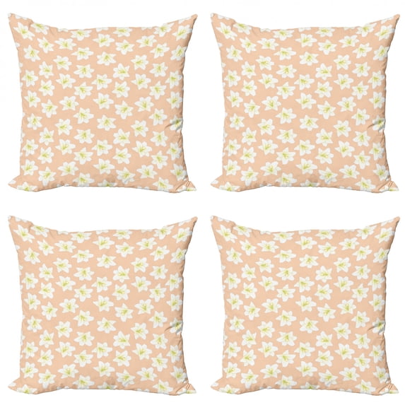 Ambesonne Floral Throw Pillow Cover 4 Pack, Abstract Lilium Candidum, 16", Peach Green