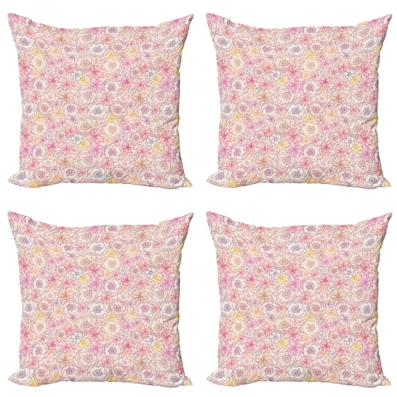 Floral Throw Pillow Cushion Case Pack of 4, Abstract Outline Flowers Motif Repetition with Spring Essentials Print, Modern Accent Double-Sided Print, 4 Sizes, Eggshell and Multicolor, by Ambesonne