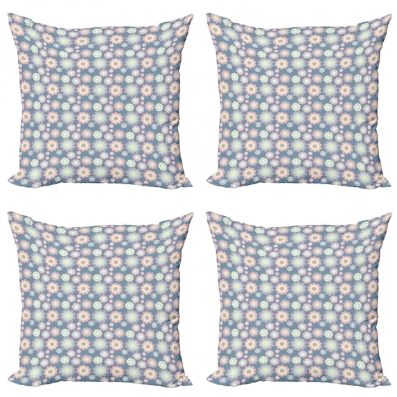 Floral Throw Pillow Cushion Case Pack of 4, Abstract Pattern of Grunge Flower Petals in Various Sizes, Modern Accent Double-Sided Print, 4 Sizes, Blue Grey and Multicolor, by Ambesonne