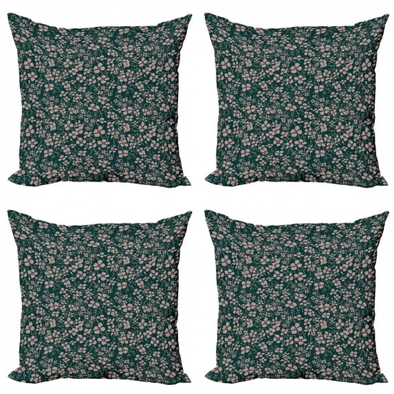 Ambesonne Floral Throw Pillow Cover 4 Pack, Bicolor Spring Meadow Flora, 16", Hunter Green Grey Pink