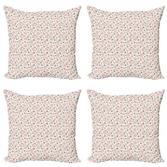 Ambesonne Floral Throw Pillow Cover 4 Pack, Pink Roses and Peonies, 24", Pale Pink Black