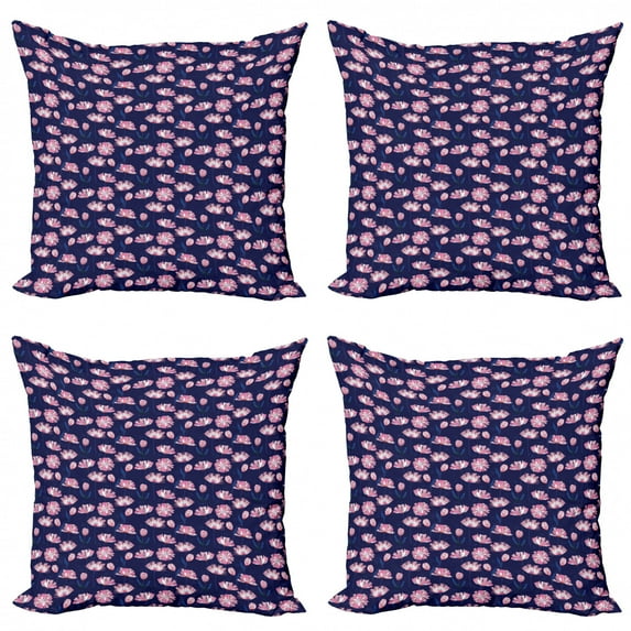 Floral Throw Pillow Cushion Case Pack of 4, Blooming Garden Art Pink Toned Poppy Flowers on Dark Colored Background Pattern, Modern Accent Double-Sided Print, 4 Sizes, Multicolor, by Ambesonne