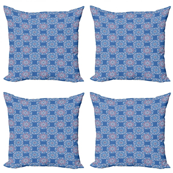 Floral Throw Pillow Cushion Case Pack of 4, Blossoming Mandala Motifs in Flower Leaves and Branches, Modern Accent Double-Sided Print, 4 Sizes, Violet Blue Pink, by Ambesonne