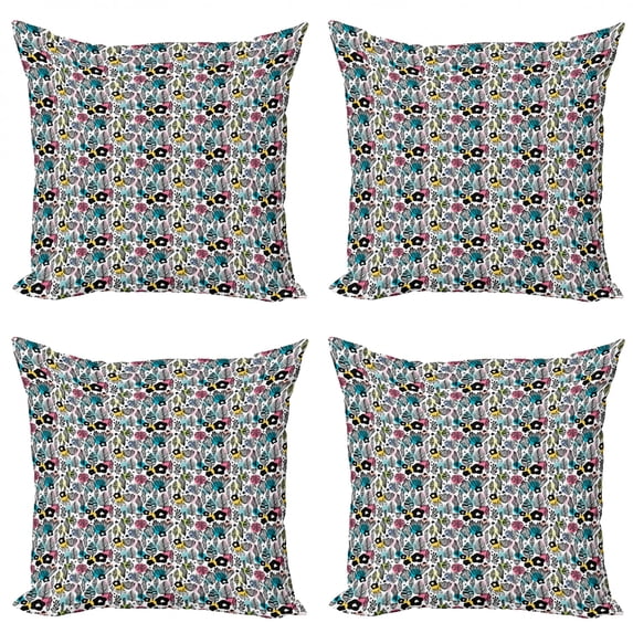 Floral Throw Pillow Cushion Case Pack of 4, Botanical Illustration in Doodle Art Style with Abstract Leaves and Colorful Spots, Modern Accent Double-Sided Print, 4 Sizes, Multicolor, by Ambesonne
